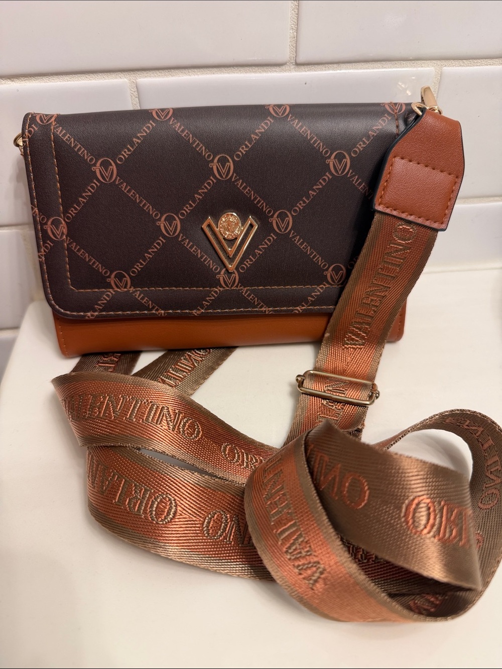 Valentino Orlandi Brown and Tan Logo Crossbody Bag
